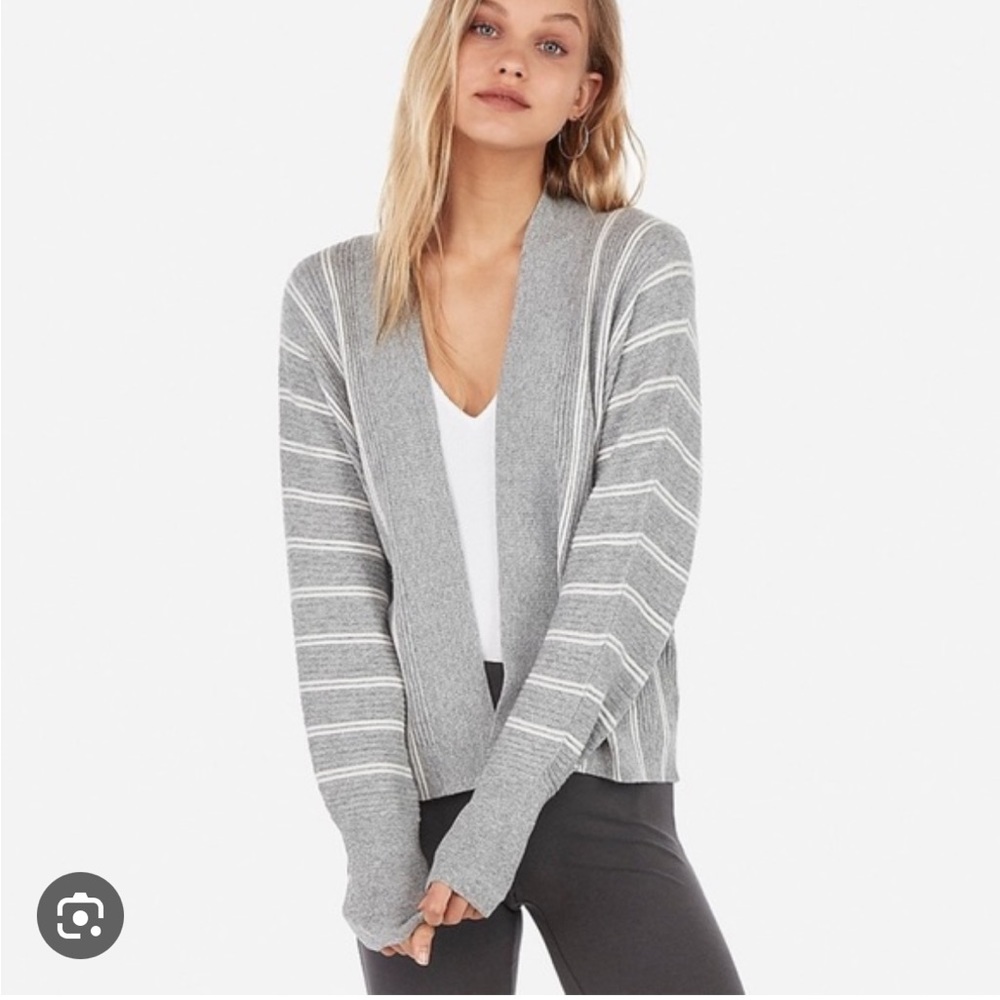 Express Grey Ribbed Sweater Cardigan with White Stripes